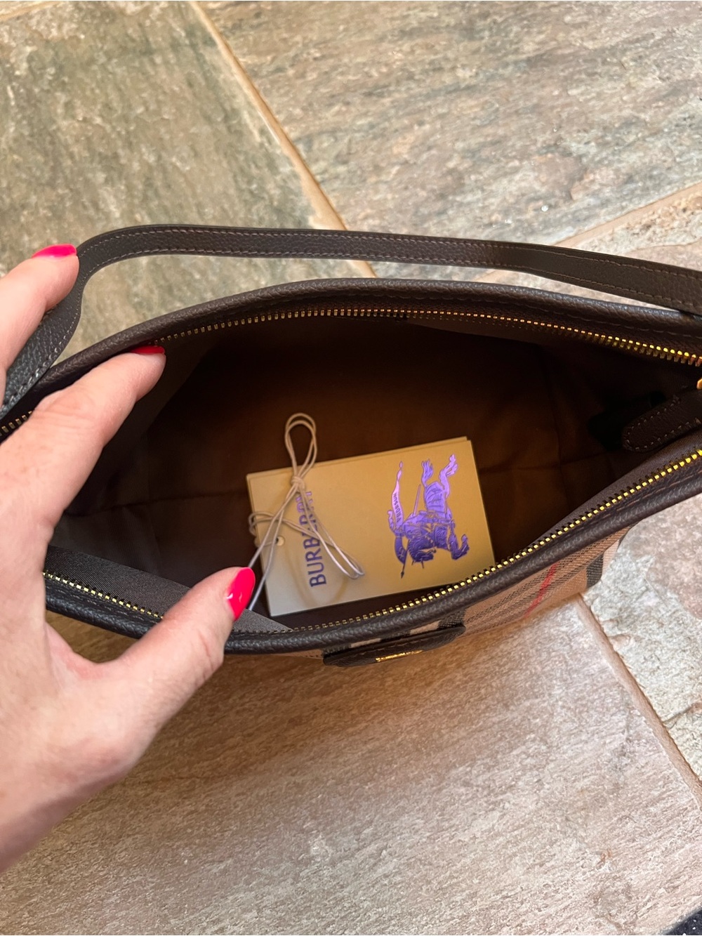 Small Burberry Highlands Bag in Tan, Black & Red Accents - Picture 12 of 14